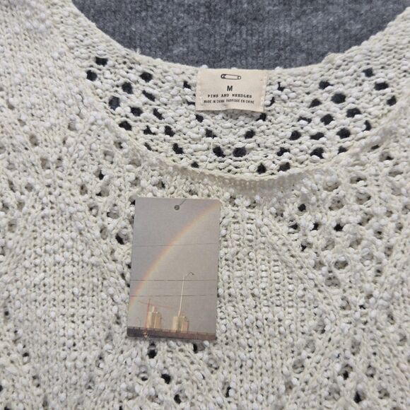 Pins and Needles Sweater Women Medium Ivory Crochet Open Knit Pointelle Pullover - Picture 2 of 9